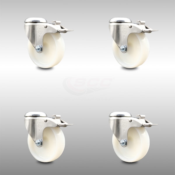 4 Inch 316SS Nylon Wheel Swivel Bolt Hole Caster Set with Lock Brake SCC